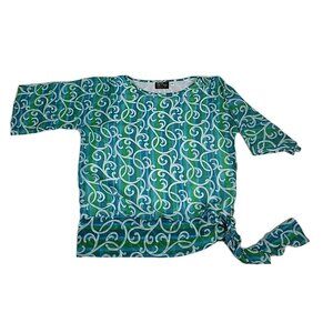 Bob Mackie Wearable Art Tunic Blouse L Blue Green Swirl Print Pullover Hip Tie